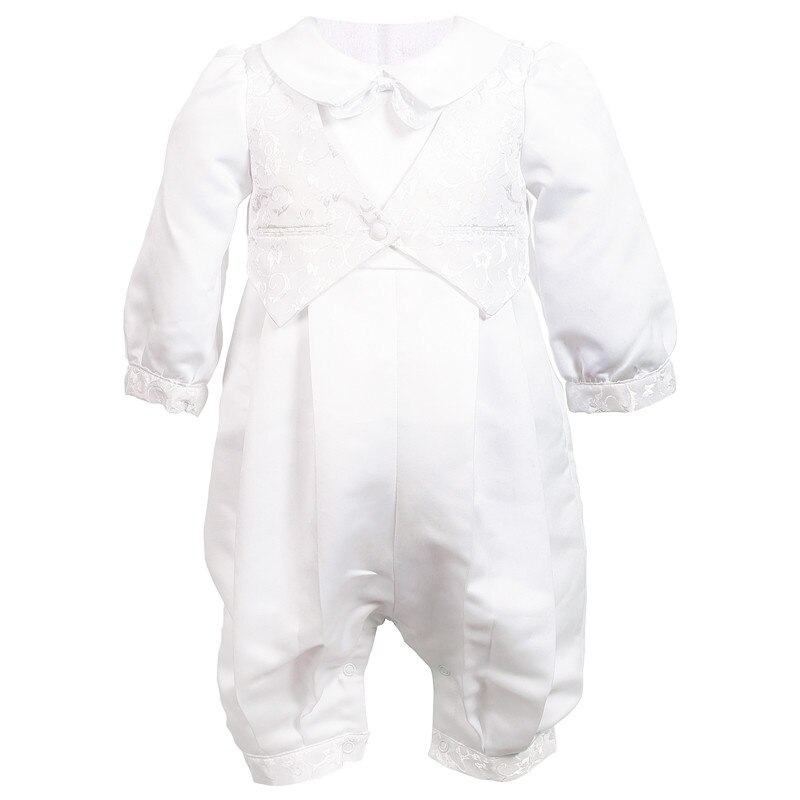 Newborn Baby Boy Baptism Outfits Clothes Cotton Broadcloth Single Breasted Solid Full Sleeve Set Bow Lace Christening Gown: 9-12M