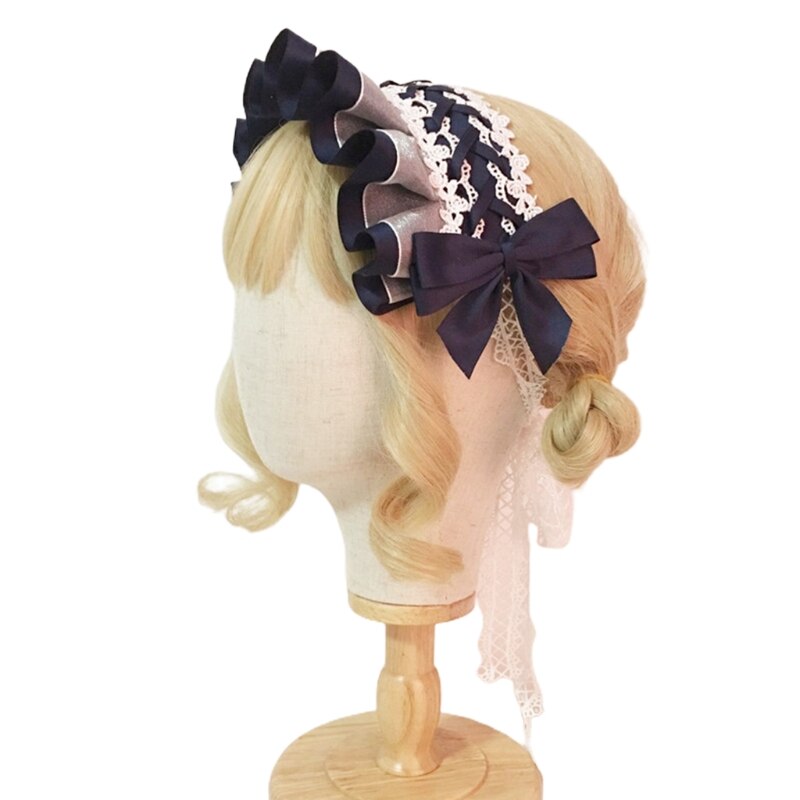 Lolita – coiffe japonaise de demoiselle Cosplay, bandeau à nœud papillon croisé à volants, doux ruban de dentelle florale, accessoire de cheveux de fête: ZQ
