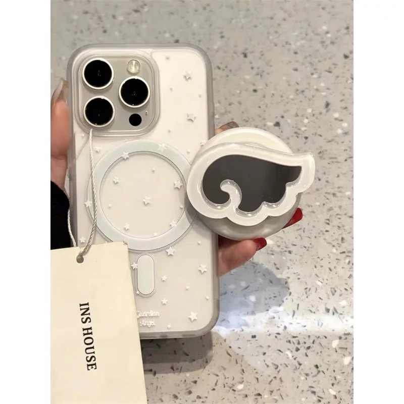 Korea's cute magnetic stand Tok cartoon star Angel Wings Magsafe phone case for iPhone 16 15 14 13 Pro Max mirror back cover: Bleu / Iphone 13 pro