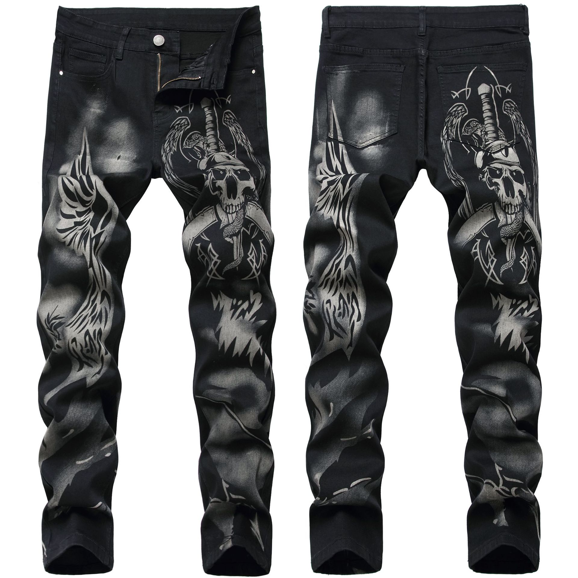 Men's Jeans Micro-elastic Style Men Pattern Printed Black Jeans Pencil Pants Male Cotton Jeans Original Mid: 36
