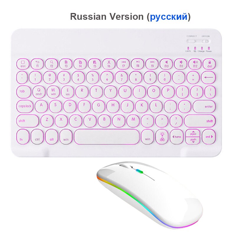 SeenDa Backlit Wireless Keyboard and Mouse Set Rechargeable Bluetooth-compati Keyboard Mouse for iPad Air Pro Samsung Huawei: Russian white
