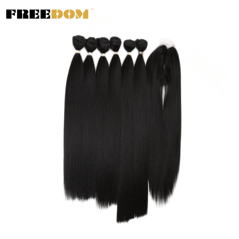 FREEDOM mèches Yaki synthétiques lisses ombrées de 16 à 20 pouces avec Closure, extensions de cheveux, lot de 7 pièces: 1B