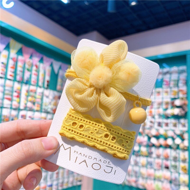 2PCS Korean Children's Small Fresh Flowers Hair Rope Little Girl Yarn Flower Hair Ring Baby Solid Color Hair Clip Headdress: yellow