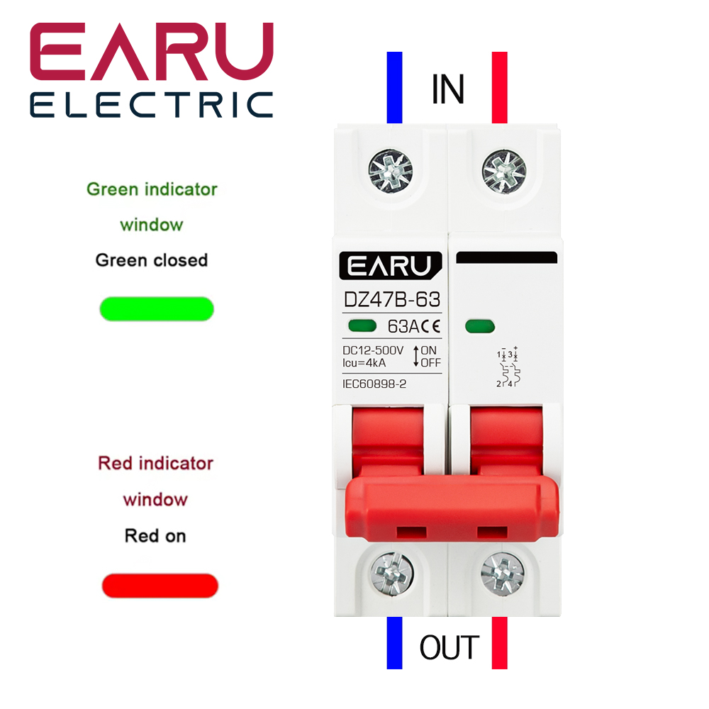 Dc12v 24v 48v 36v mcb accu auto beveiliging mini stroomonderbreker  dz47 dc positieve en negatieve pool beveiligingsschakelaar isolator