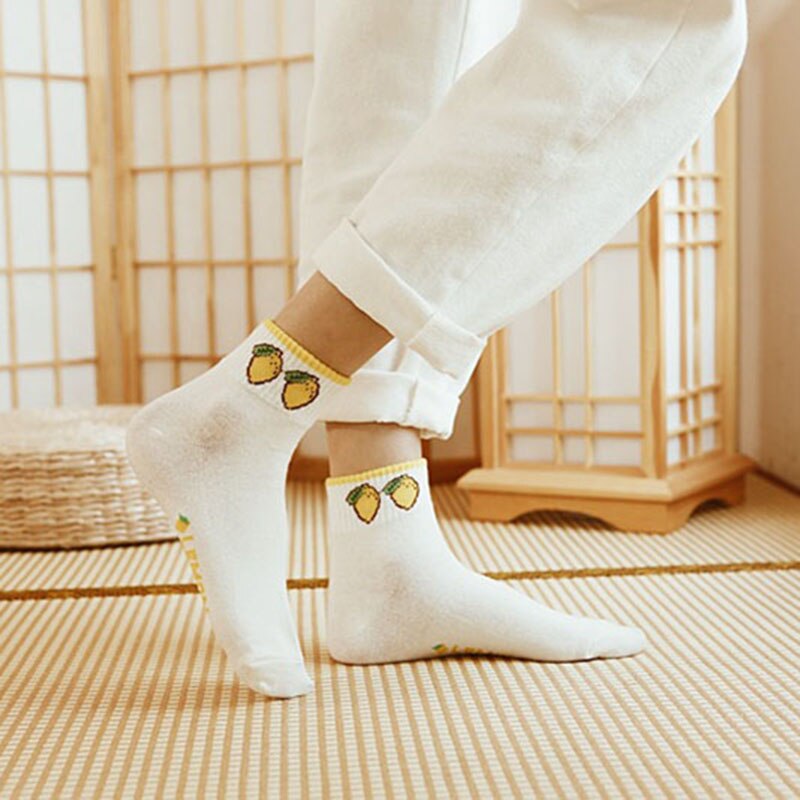 mignon drôle chaussettes femme pêche citron cerise Kiwi fruits chaussettes femmes heureux Calcetines Divertidos Skarpetki blanc Sokken