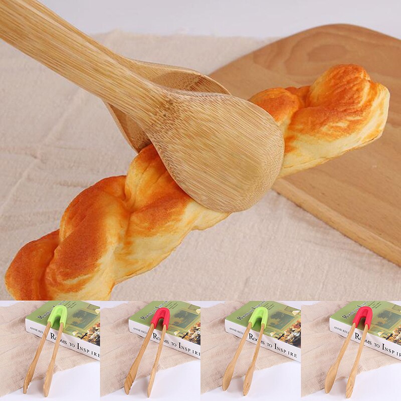 Herramientas de pinza de cocina para barbacoa, utensilios de cocina, pinzas de bambú para comida tostar, utensilios de madera para pastel, ensalada bolsa con Clip para aperitivos, mango de silicona para pan