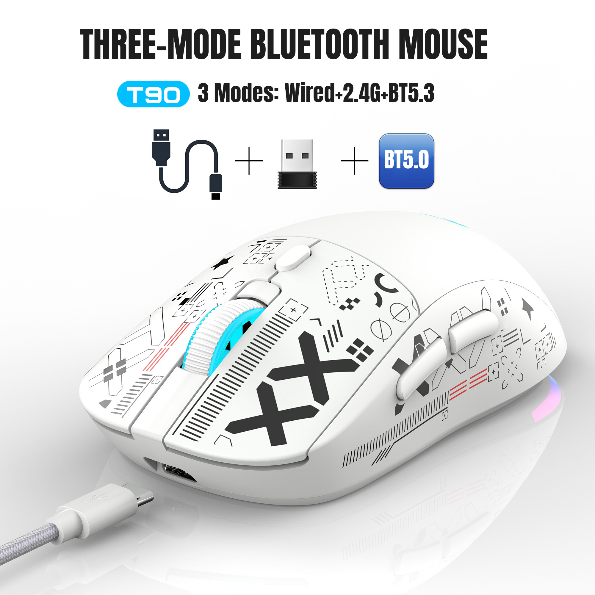 Popularna bezprzewodowa mysz do gier HXSJ T90 2.4G z 3 trybami i ciche przyciskami, ergonomiczna, kolorowa, podświetlana RGB, 650 mAh: WHITE