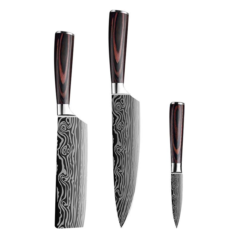 Kitchen Knives Set Sharp Chef Knives Japanese 7CR17 440C High Carbon Stainless Steel 4CR13 Boning Damascus: 3 PCs Set-B