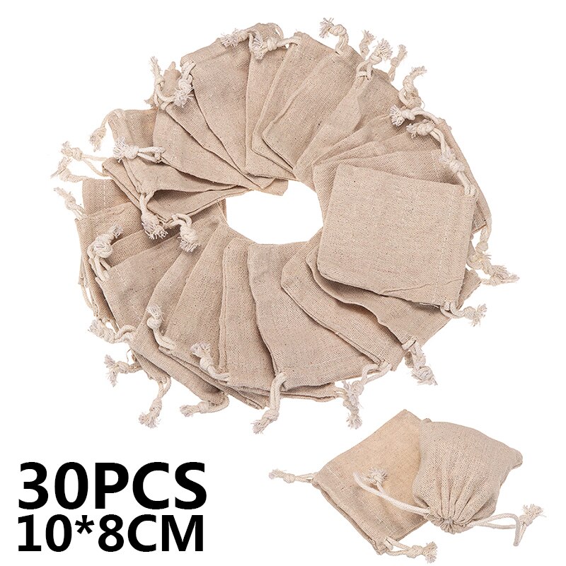 30Pcs Kleine Tasje Sieraden Pouch Party Bag Make-Up Sieraden Verpakking Linnen Tassen Voor Bruiloft Gunst Houder 10*8 Cm