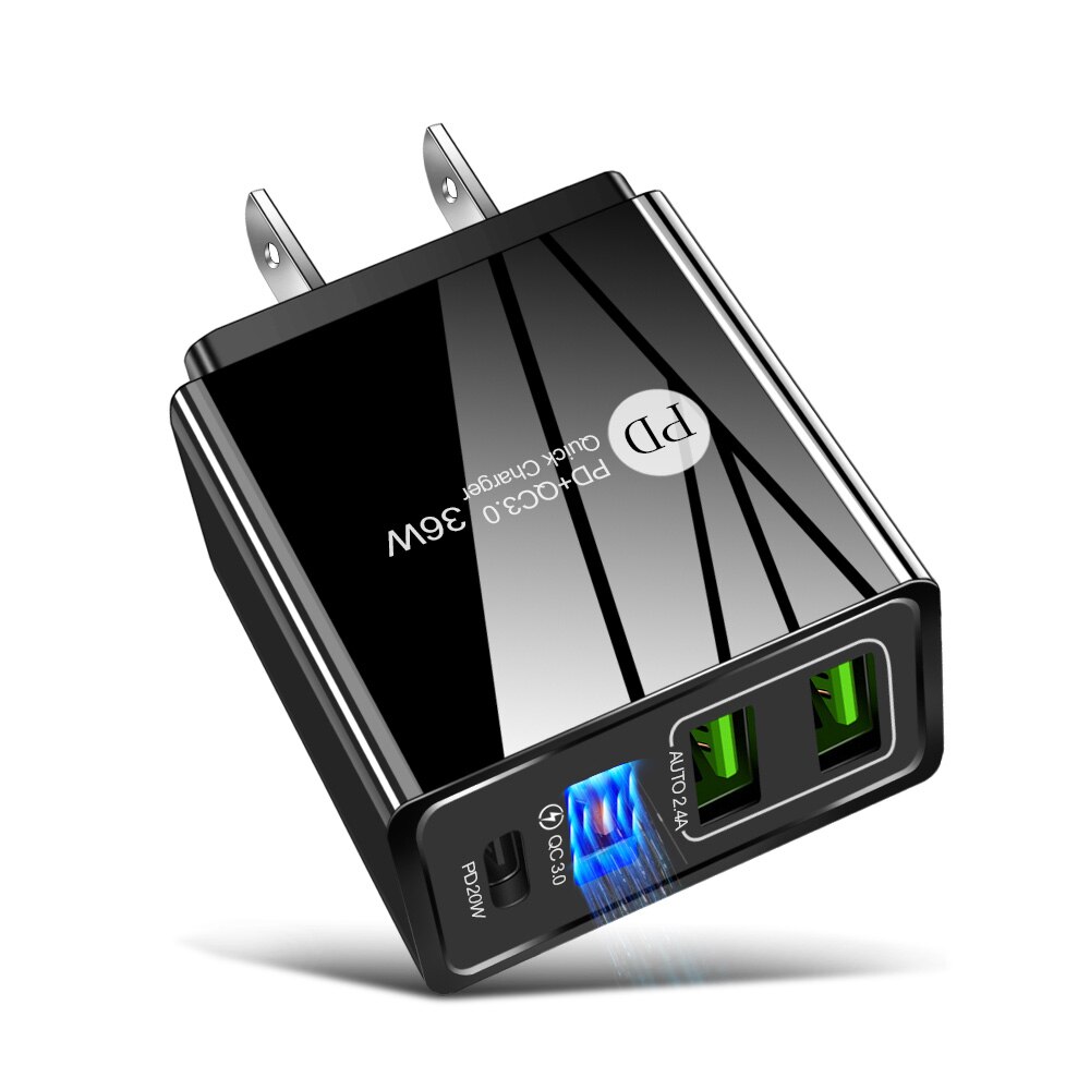QC 3.0 USB Charger PD Fast Charge Mobile Phone Charger for iPhone 12 EU/US Plug 12V Adapter 36W Fast Wall Portable Charger: US-black