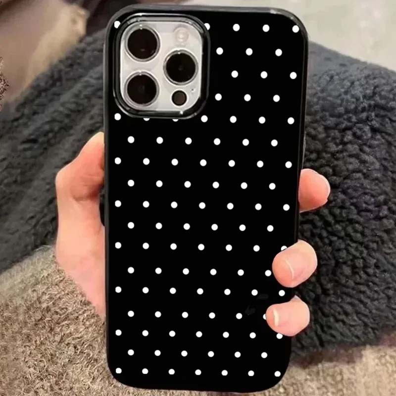Korean INS White Polka-Dot Phone Case For iPhone 16 15 Plus 14 13 12 11 Pro Max X XR XS 16E 7 8 Plus Black Shockproof Soft Cover