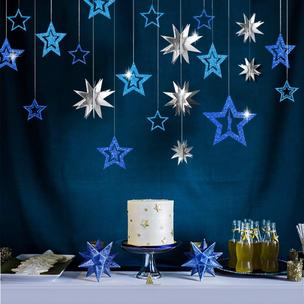 Frozen Birthday Party Glitter Silver Hollow Star Garlands Metallic 3D Star Hanging Paper Garlands Baby Shower Party Supplies: 20Pcs Blue Silver