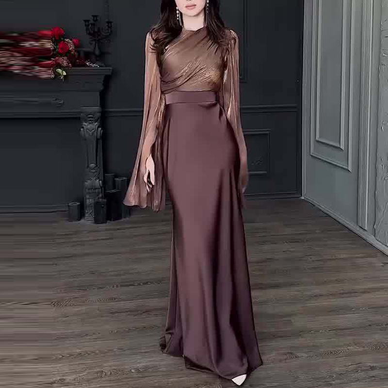 Vintage højtaljet dame satin lang kjole dame temperament rund krave kjoler slanke lange ærmer banketkjoler