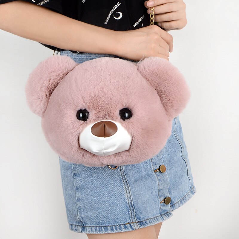 Women Plush Hairy Bag Female Cute Chain Shoulder Messenger Bag Girl Doll Cat Bear Head Bag