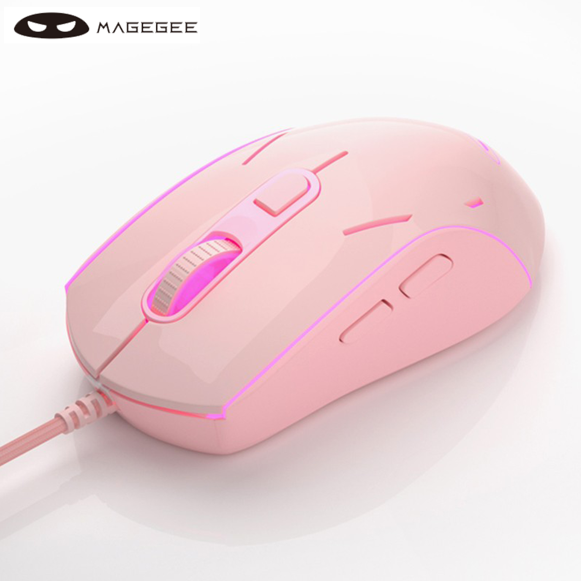 Ratón silencioso para juegos con cable MageGee G12, ratón retroiluminado con LED de respiración de 7 colores, ratón óptico ergonómico de 6 DPI ajustables para Windows: Rosa