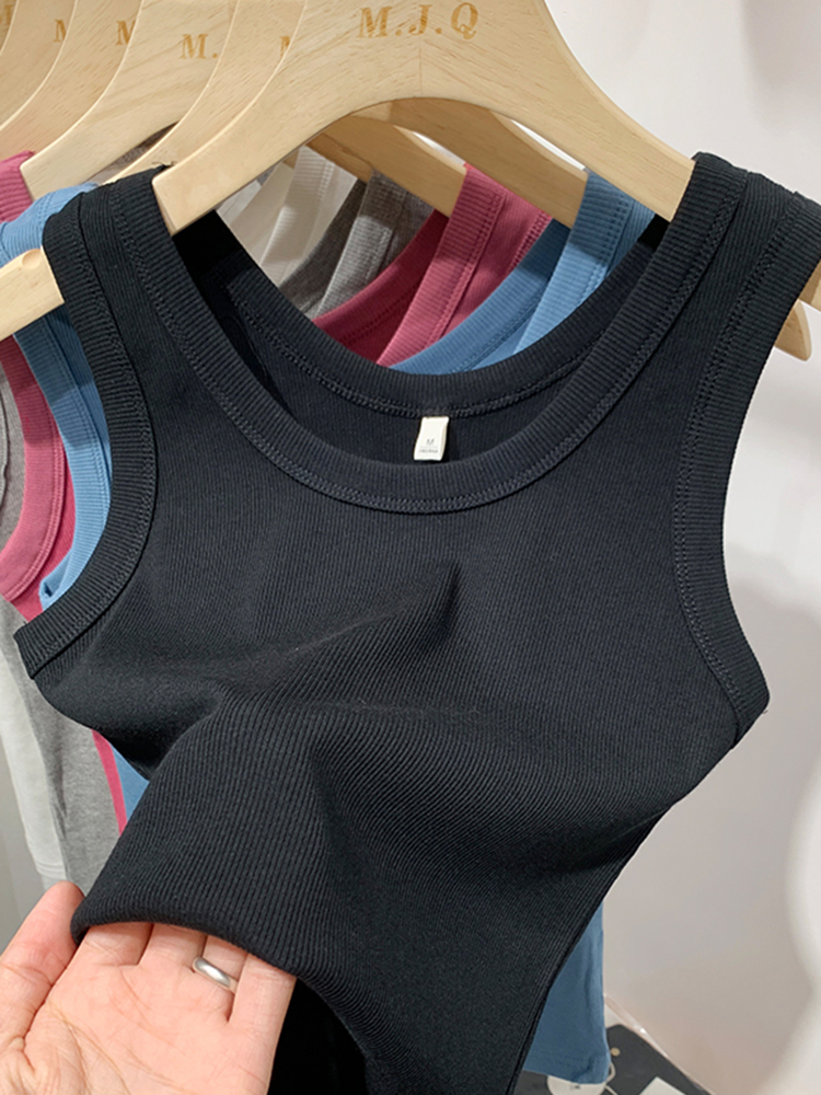Sommer kvinder ærmeløse tanktoppe crop top o-hals fitness strikket ribbet vest dame ensfarvet camis cropped streetwear: L / Sort