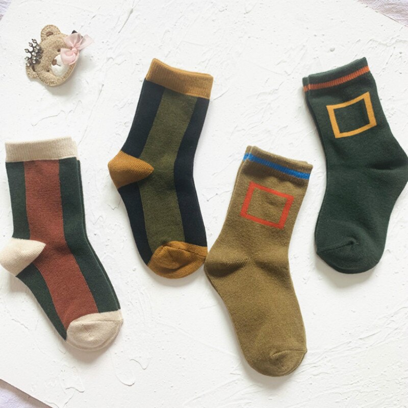 2 Paare/los Winter Herbst Kinder Socken Kinder Baby Jungen Mädchen Kleinkind Koreanische Retro Geometrische Baumwolle Socken