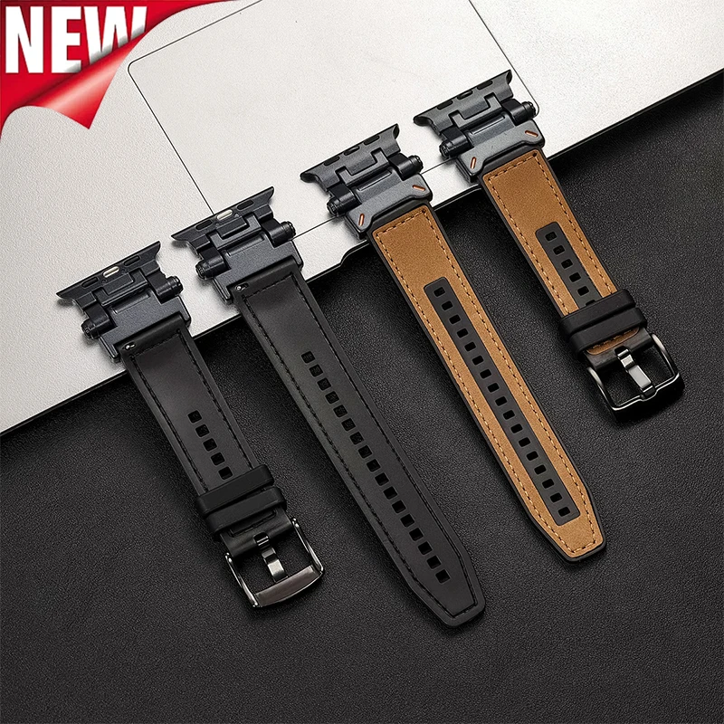 Luxe lederen band voor Apple Watch Band Ultra 2 49 mm 45 mm 44 mm 42 mm siliconen armband polsbandje Iwatch Series 9 8 7 6 5 SE 4