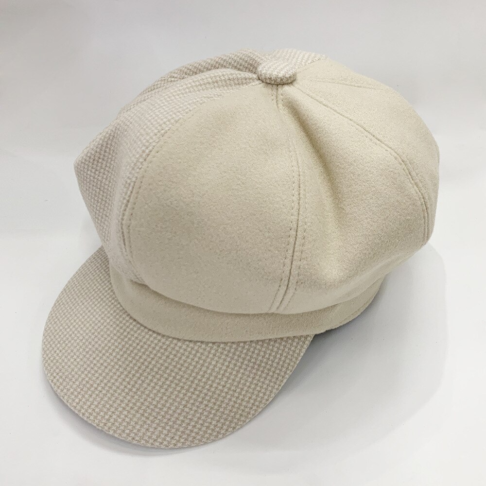 Gorro octogonal de tela de lana de casqueta de tela escocesa de retales boina con estilo coreano: biege