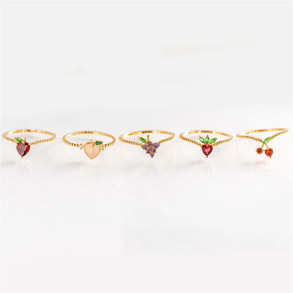 Sweet Crystal Apple Strawberry Cherry Grape Rings for Women Cute Fruit Gold Rings Set Party Jewelry Summer Style