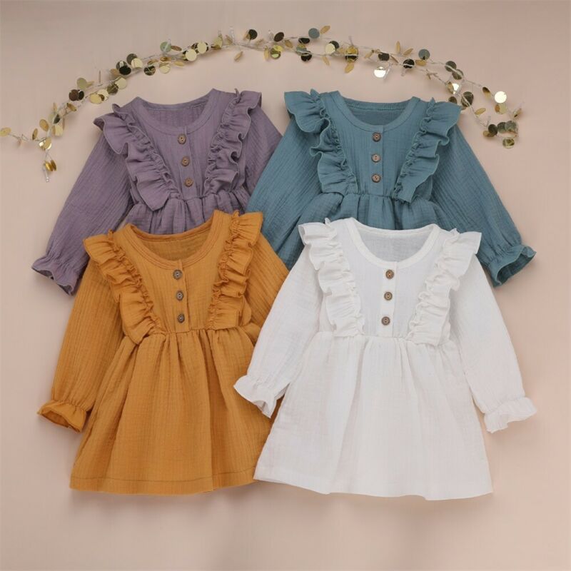 1-6 Years Kids Baby Girl Autumn Dress Ruffles Long Sleeve Solid Party Dresses For Girls Slim Waist Dress Girls Clothes