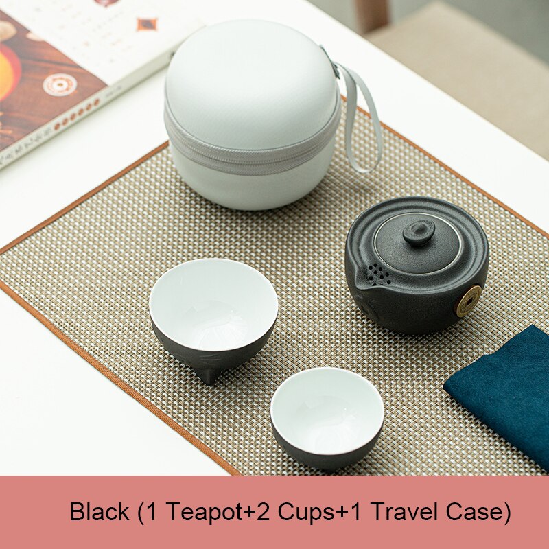 LUWU – théière en céramique avec 2 tasses chat mignon, service à thé de bureau portable de voyage avec étui de voyage: Black