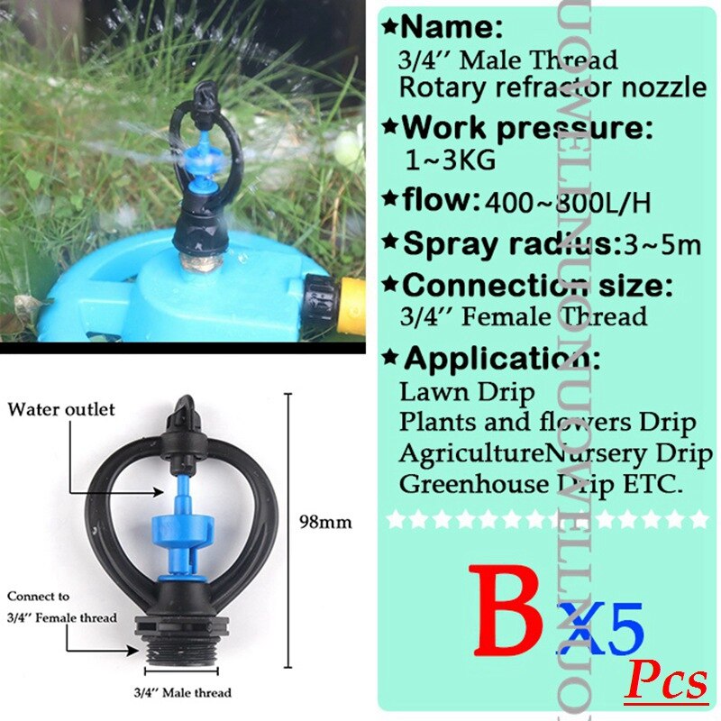 5Pcs Irrigation Spray Nozzle 1/2'' 3/4'' Male Thread Garden Watering Sprinkler 360Rotary Refractor Sprinkler For Greenhouse Drip: B