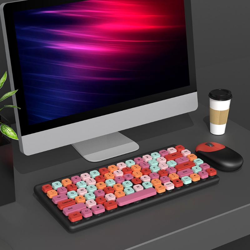 Keyboard and Mouse Combo 2.4G Wireless Round Punk Cute Candy Colors Keyboard and Optical Mouse Set Home Office
