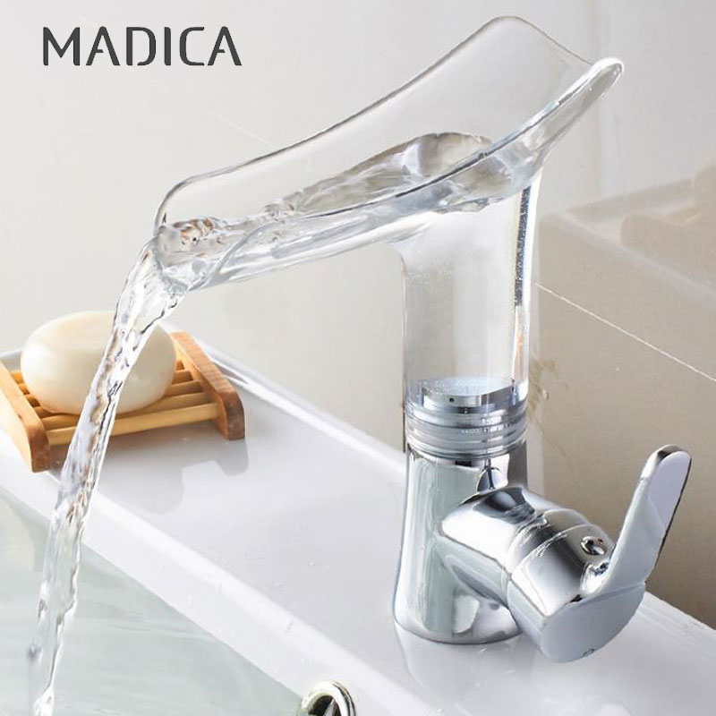 Madica krom bassin vandhaner vandfald vandhane til badeværelse gennemsigtig tud vand enkelt håndtag vask blandebatteri