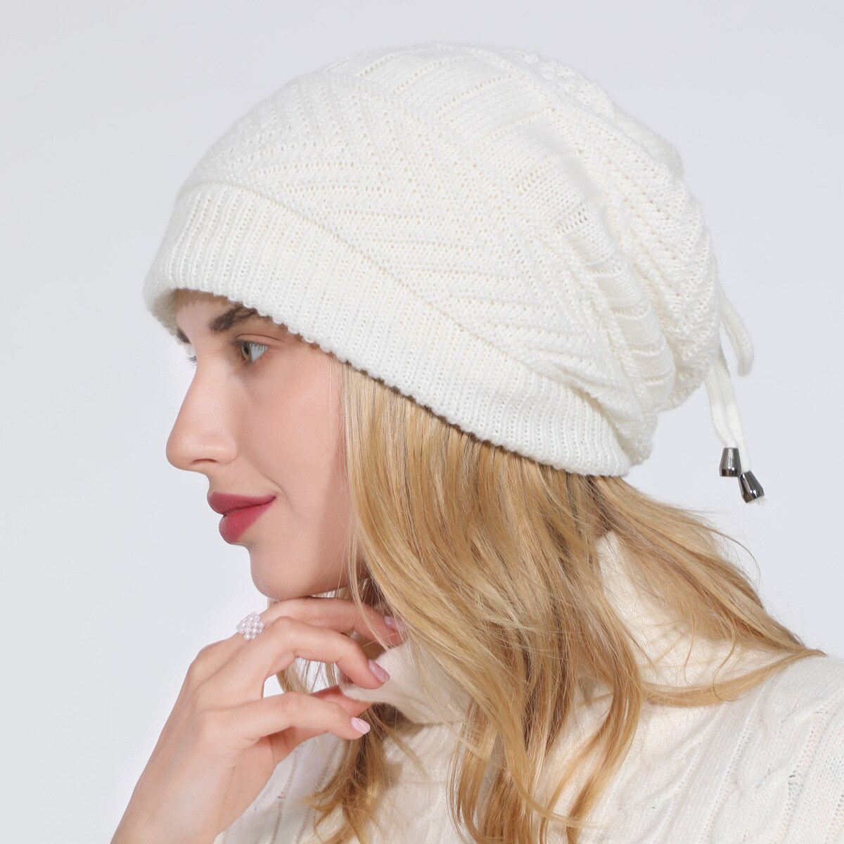 Gorro de punto elástico para mujer, bufanda de redecilla lisa, cálido, para Otoño e Invierno: White