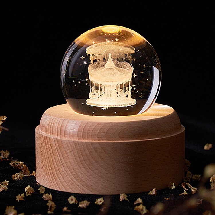 Music Box Crystal Ball Snow Globe Glass Lights Universe Moon Galaxy Earth Globe Crafts Home Desktop Decor for Valentine's Day: Carousel Globe