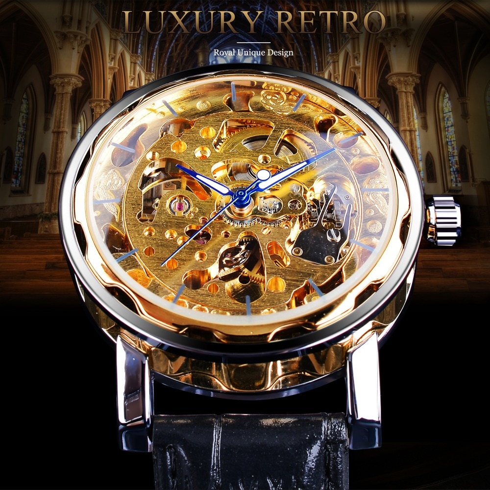 Forsining retro automatische zelfopwindende horloges gouden zwarte display heren skelethorloges topmerk luxe lichtgevende wijzers