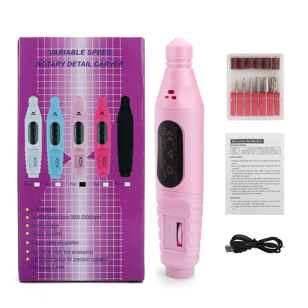 Mini perceuse à ongles électrique, meulage de vernis, outil de manucure et pédicure, ponceuse à ongles, lime, ensembles de stylos de perçage: Rose
