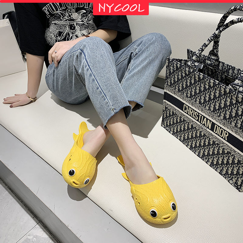 NYCOOL Bionic Boys Girls Cartoon Shoes Puffer Fish Slippers Parent-child Sandals Children Beach Shoes Kids Flip Flops Bathroom: Yellow / 34 inner Length20cm