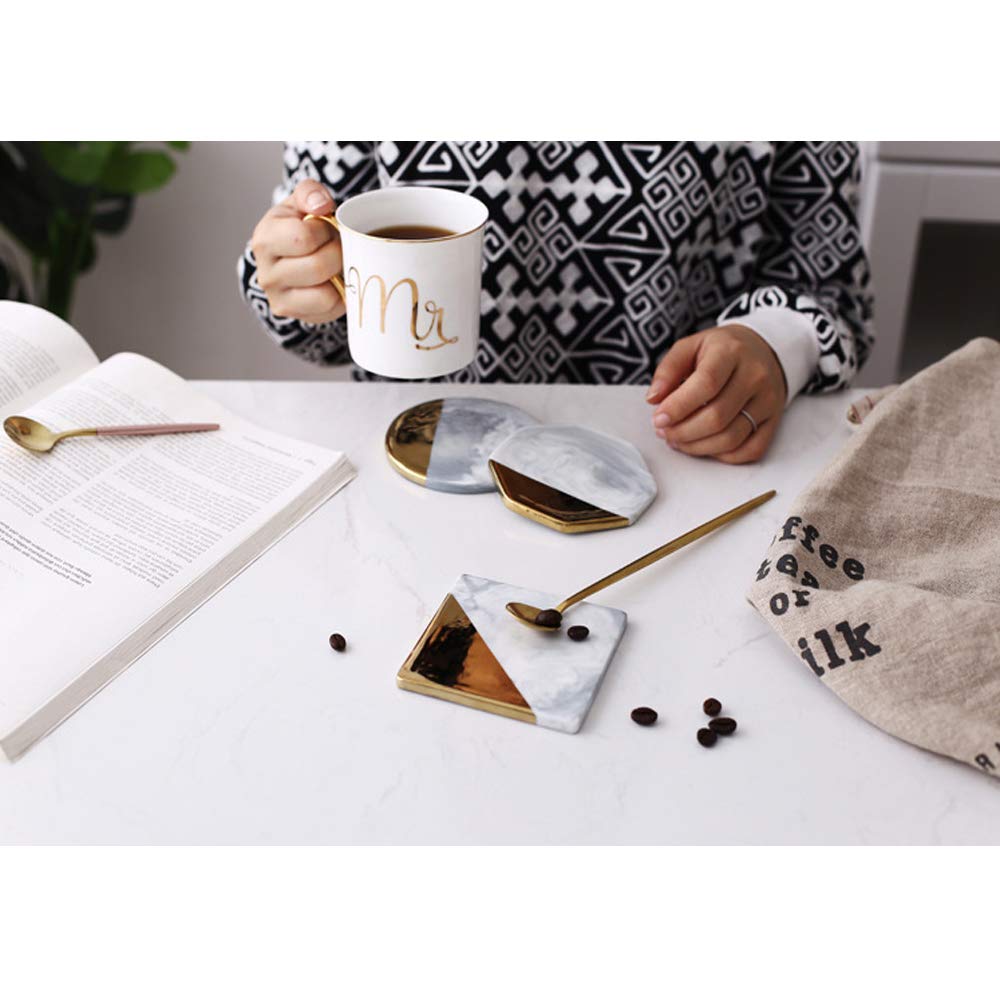3 PCS Marble Stone Coasters Hexagon Round Square Drink Coasters Embellished with Gold Trim Set of 3