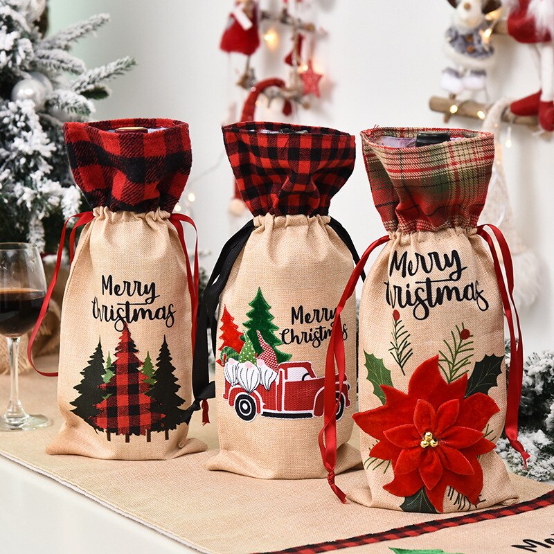 Jul vinflaskedæksel juletræ blomsterstrømpepose champagne opbevaringspose hjemmedekorationer juledekorationsår