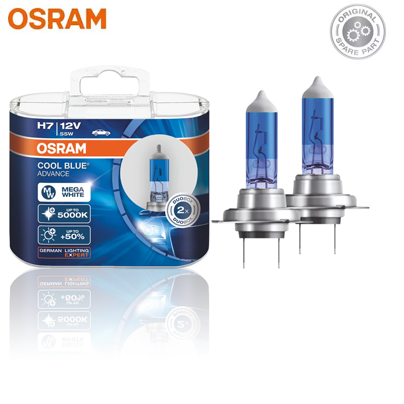 OSRAM H7 Cool Blue Advance White Halogen Bulbs 12V 5000K Car Headlight +50% Brighter 62210CBA(Twin)