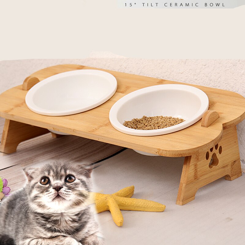 Cuencos de cerámica para perros y gatos, cuencos de acero inoxidable para comida de mascotas, vajilla de agua, cuenco con marco de bambú, suministros para mascotas