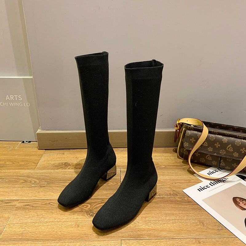Chaussettes cuissardes tricotées bottes cuissardes femme talon carré tissu Stretch noir bottes hautes talon moyen bottes d'hiver: 37