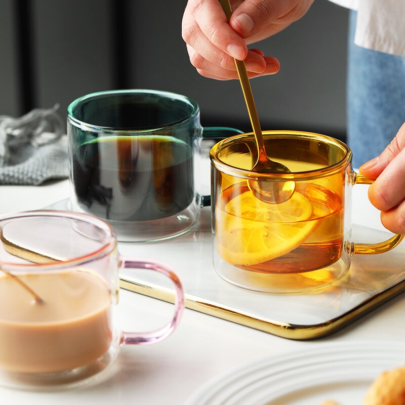 Multi-Color Double Bottom Glass Coffee Cup Milk Tea Heat Resistant Mug Drinkware Mugs For Home Office