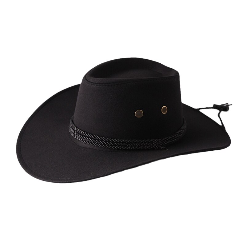 Unisex Western Cowboy Hat with Rope Men Women Retro Wide Brim Trendy Solid Color Jazz Hat Windproof Outdoor Sun Protection Cap: black