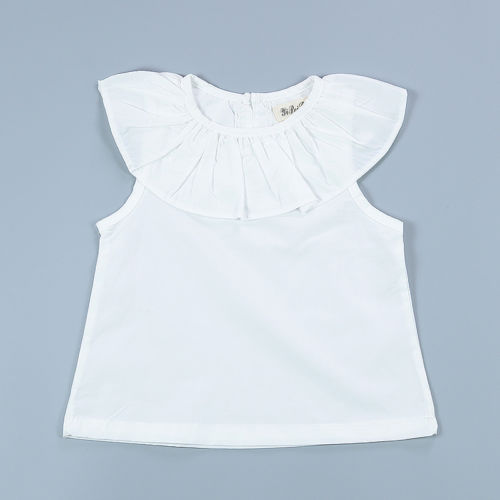 Camisa informal de color puro sencillo para niños pequeños, Tops con volantes y cuello redondo, blusa para niña bebé blanco