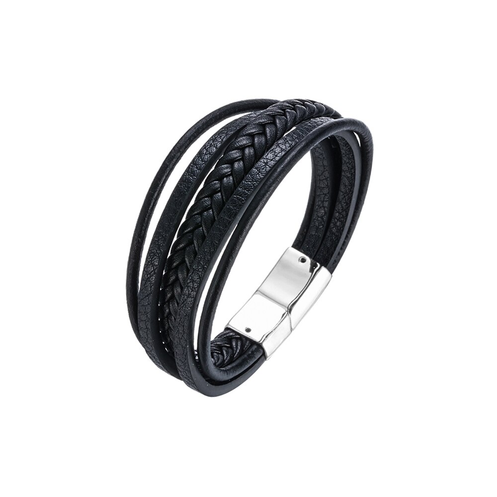 Pulseira de couro masculina, fivela de multicamada, pulseira de couro, fecho magnético, marrom, preto, 1 peça acessórios joias charme: Black 2