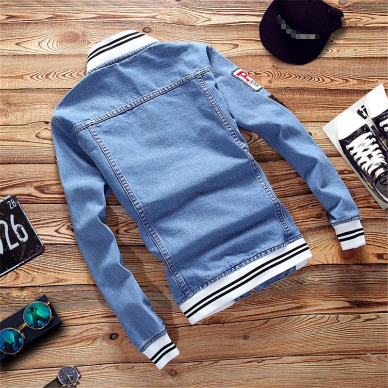 Denim Jas Heren Hip Hop Gat Ongedwongen Bomberjack Jas Herfst Slanke Stand Jean Jas Plus Size S-5XL chaqueta Hombre