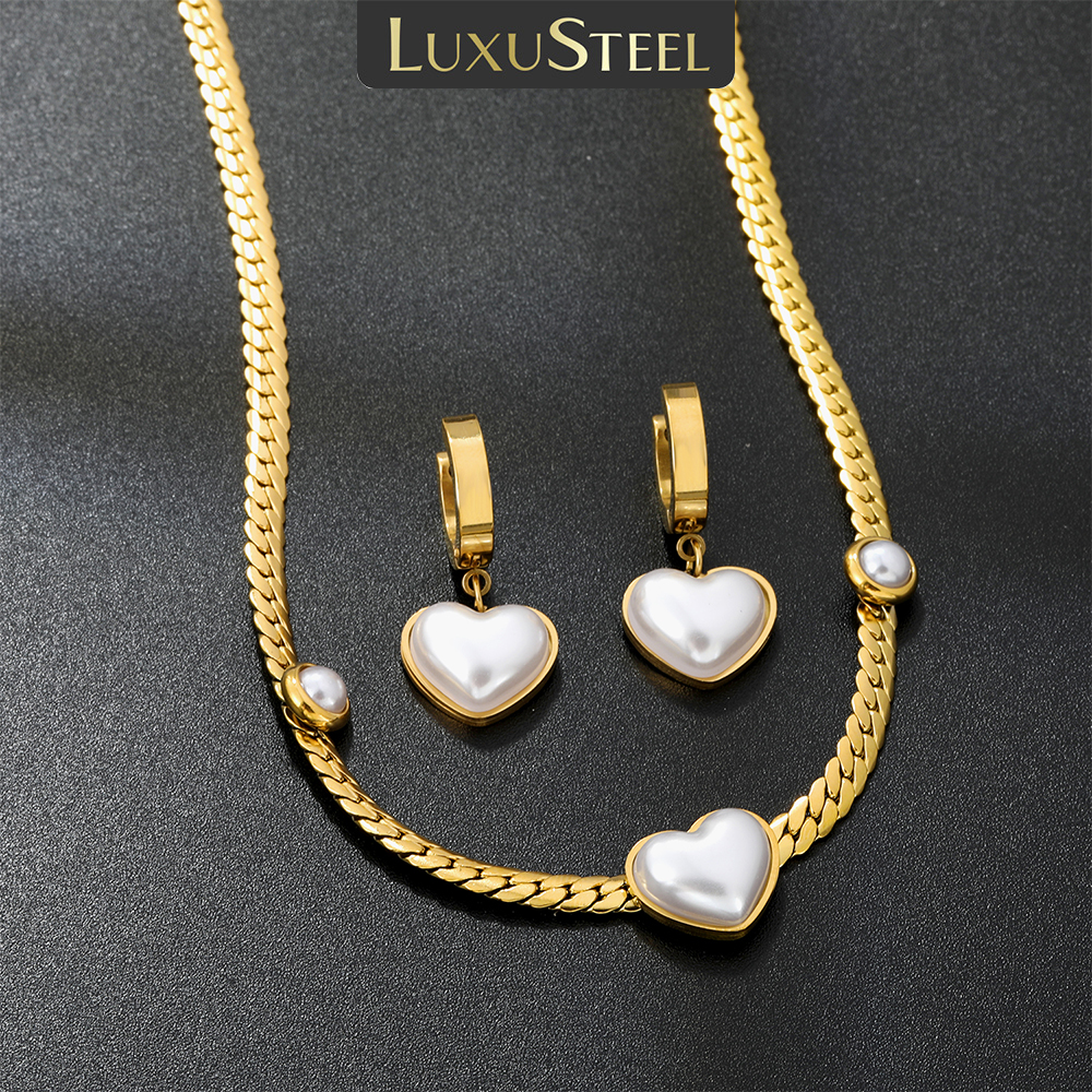Luxusteel rostfritt stål imiterade pärlor hjärthängen halsband örhängen set för kvinnor kedja halsband armband set smycken