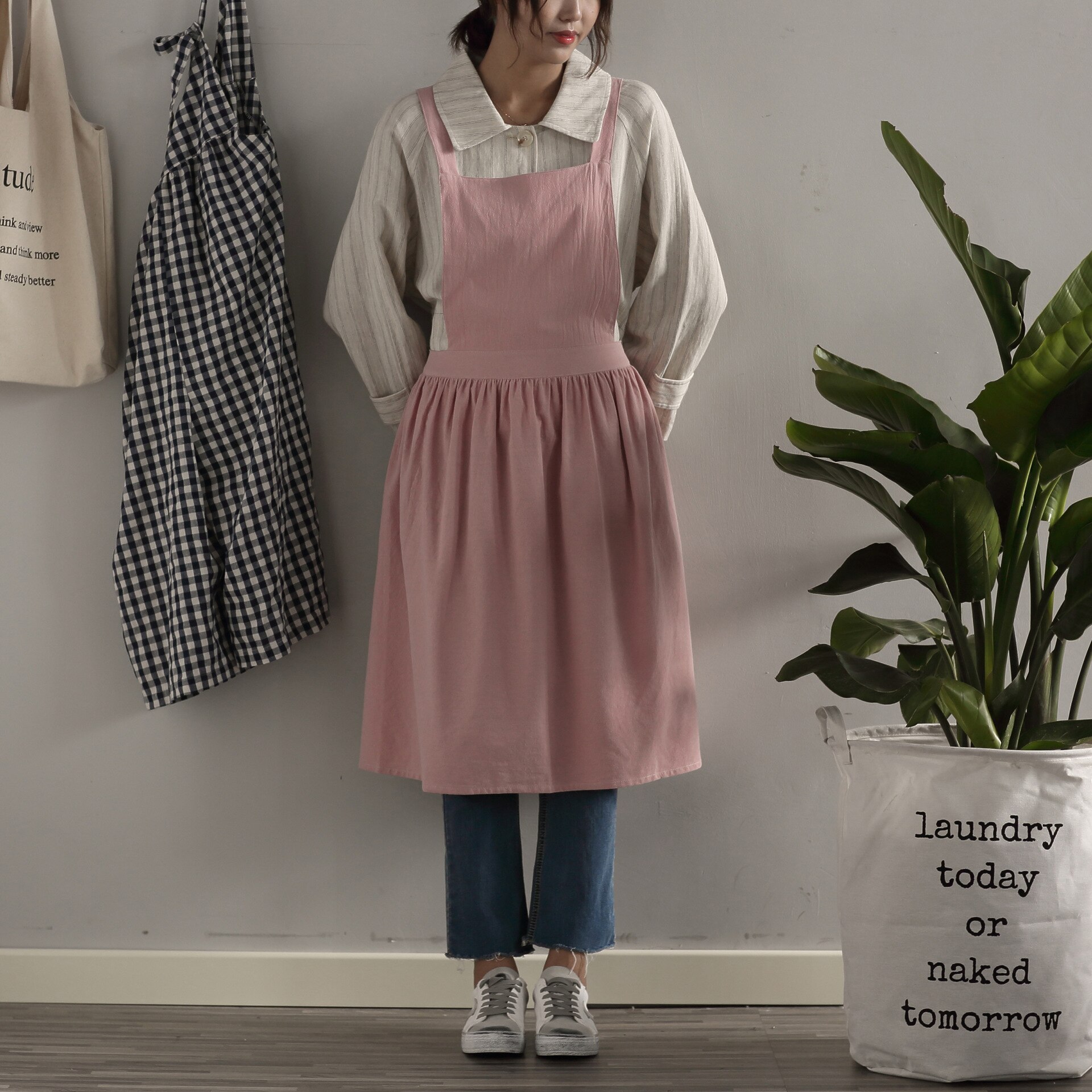 Combinaison tablier en coton et chanvre, nouvelle coréenne, vêtements de travail pour fleuriste de cuisine, mignon,: C