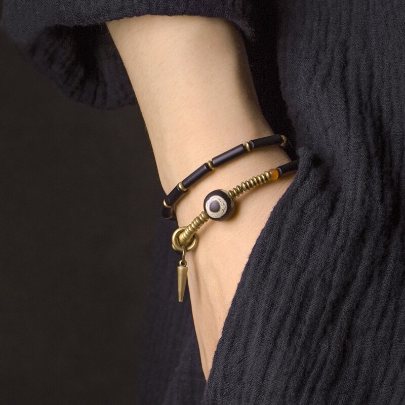 Perline tibetano Nero onice Del Braccialetto dell'annata Trasformati Rame Vajar Zen Gioielli di Guarigione Accessori di Protezione Delle Donne Degli Uomini