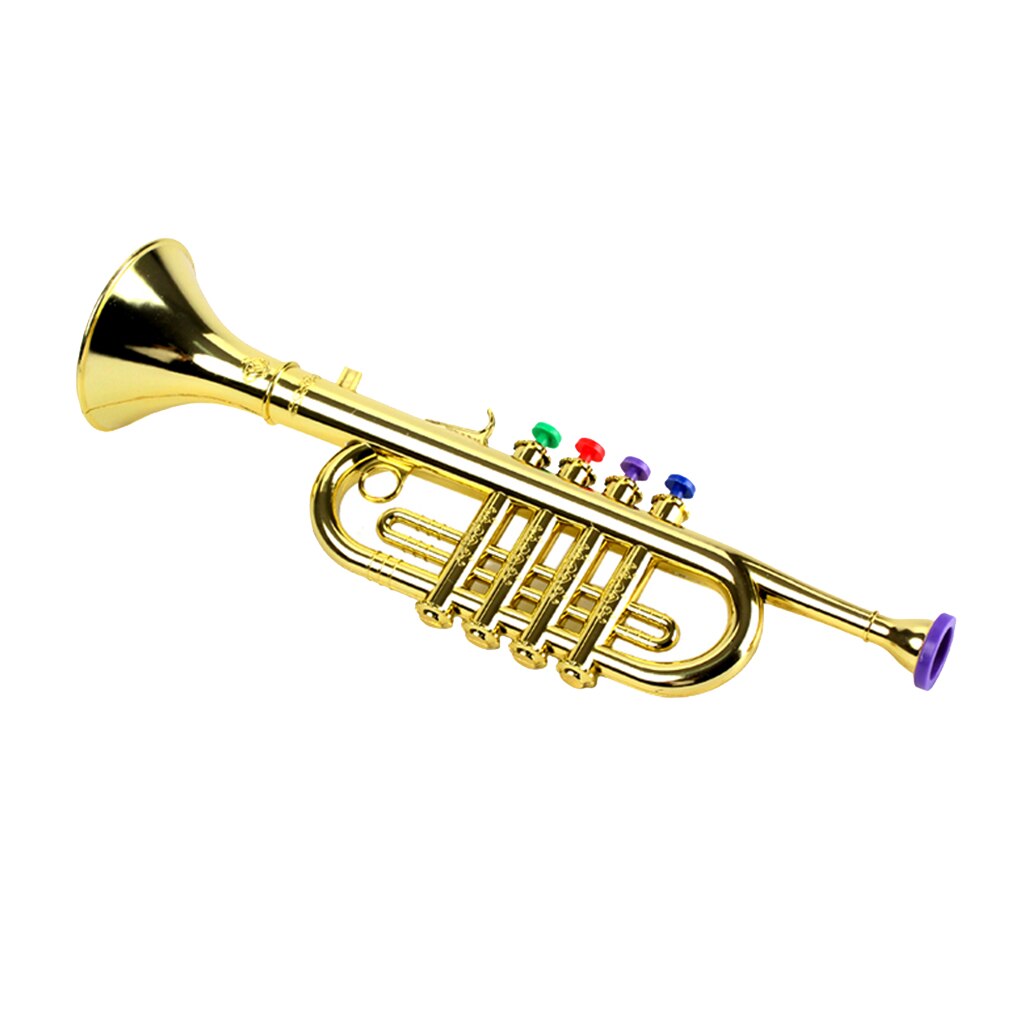 Gold 14-1/2 Inch Trumpet with 4 Colored Keys, Musical Wind Instrument Music Toys for Kids, Learning &amp; Entertainment