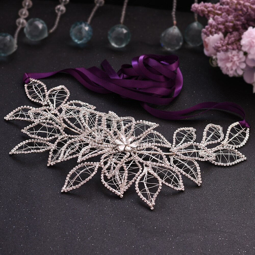 TRiXY SH256-S Silver Diamond Wedding Dress Belt Waist Belt with Rhinestones Luxury Sparkly Belts for Women Dress Satin Sash Belt: purple ribbon