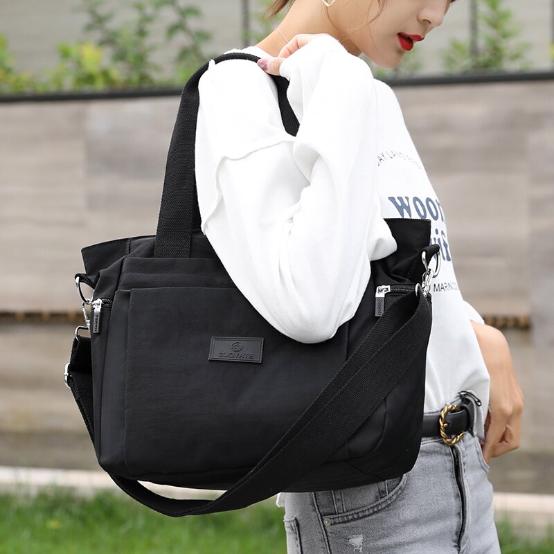 Nylon Shoulder Bags For Women Solid Color Casual Tote Large Capacity Black Crossbody Bag Soft Zipper Travel Handbag